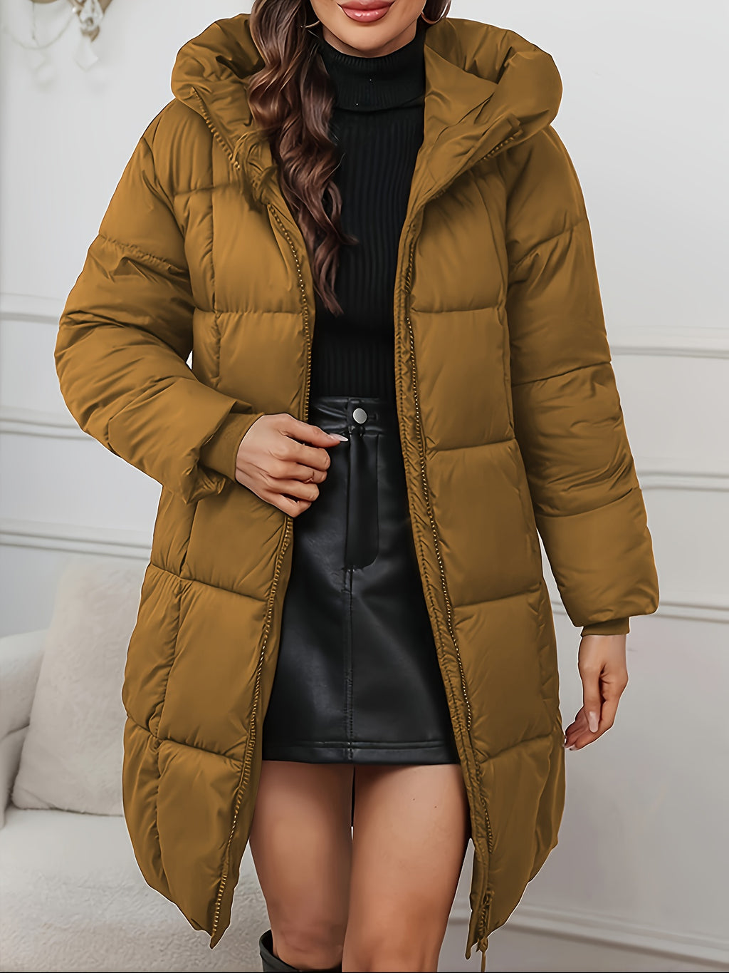 Casaco de Inverno Comprido Elegante com Capuz para Mulher - Casaco Leve com Fecho Completo e Bolsos, Roupa Exterior Quente de Comprimento Médio para Clima Frio, Cor Sólida, Corte Normal, Sem Cinto, Mangas Compridas, Casacos de Inverno