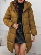 Casaco de Inverno Comprido Elegante com Capuz para Mulher - Casaco Leve com Fecho Completo e Bolsos, Roupa Exterior Quente de Comprimento Médio para Clima Frio, Cor Sólida, Corte Normal, Sem Cinto, Mangas Compridas, Casacos de Inverno