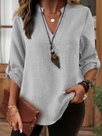 Camisa de Imitação de Denim Cinza Claro Plus Size Feminina - Blusa Elegante Casual de Manga Longa e Gola Redonda, Lavável à Máquina para Primavera/Verão, Design Minimalista, Textura Semelhante a Linho, Tecido Não Transparente, Combinável com Leggings, Material Respirável, Estilosa