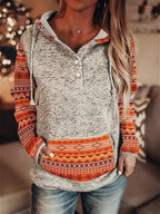 Moletom Feminino Estilo Bohemian Ocidental com Capuz - Blusa Casual de Botões Retro, Cinza e Azul para Todas as Estações, Lavável na Máquina, Conforto Diário, Tecido Texturizado, Chic Rústico