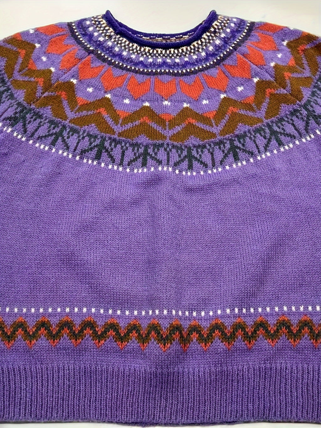 Camisola elegante de gola redonda para mulheres, em tecido de malha de poliéster 100%, com design de bloco de cores em patchwork para outono/inverno, peso de 350g/m², estilo casual para férias.