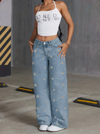 Jeans de cintura subida e perna reta com padrão elegante de margaridas bordadas | Corte oversized, para usar em todas as estações, ganga azul clara, fecho com botões