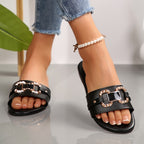 Sandálias slip-on confortáveis e elegantes para mulheres, perfeitas para uso interior e exterior, com um design de bico redondo, ideais para vestuário casual e férias, com um salto baixo e plano.