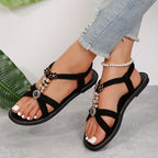 Sandálias rasas decoradas com strass para mulheres, sapatos de verão de bico aberto na moda, sandálias leves com tira no tornozelo