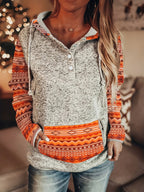 Moletom Feminino Estilo Bohemian Ocidental com Capuz - Blusa Casual de Botões Retro, Cinza e Azul para Todas as Estações, Lavável na Máquina, Conforto Diário, Tecido Texturizado, Chic Rústico