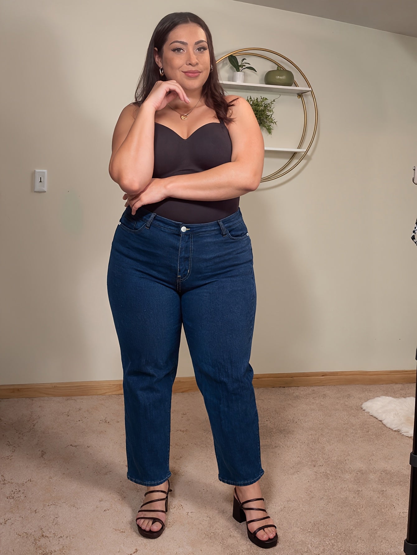 Jeans de Cintura Subida Elásticos de Perna Reta Plus Size para Mulher | Ganga Azul Confortável e Casual para Usar em Todas as Estações
