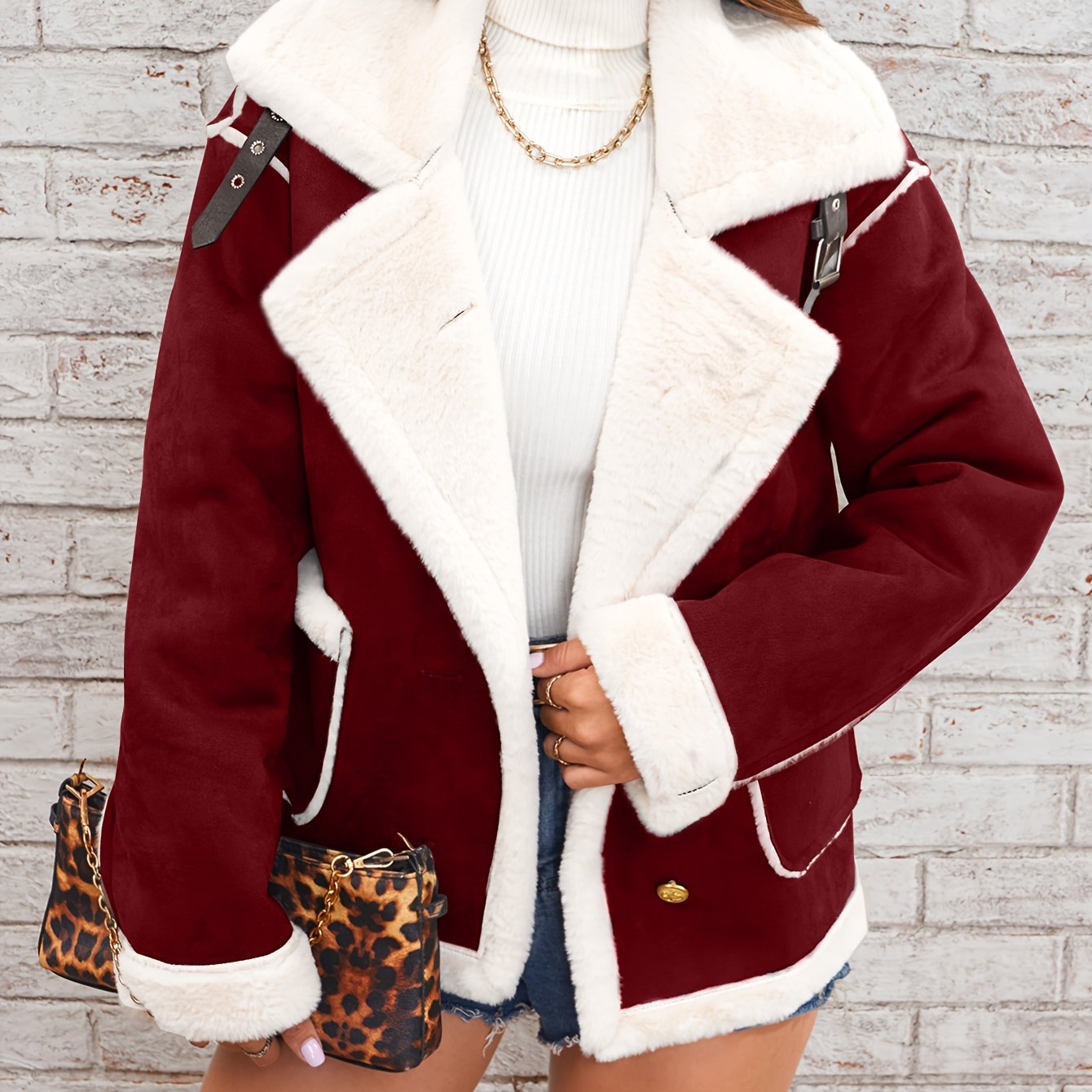 Chic Women's Winter Coat with Pink and White Collar