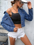 Casacos de ganga de mangas compridas azuis, jaquetas de ganga com lapela cortada e bolsos com aba de botão único, roupas de ganga feminina