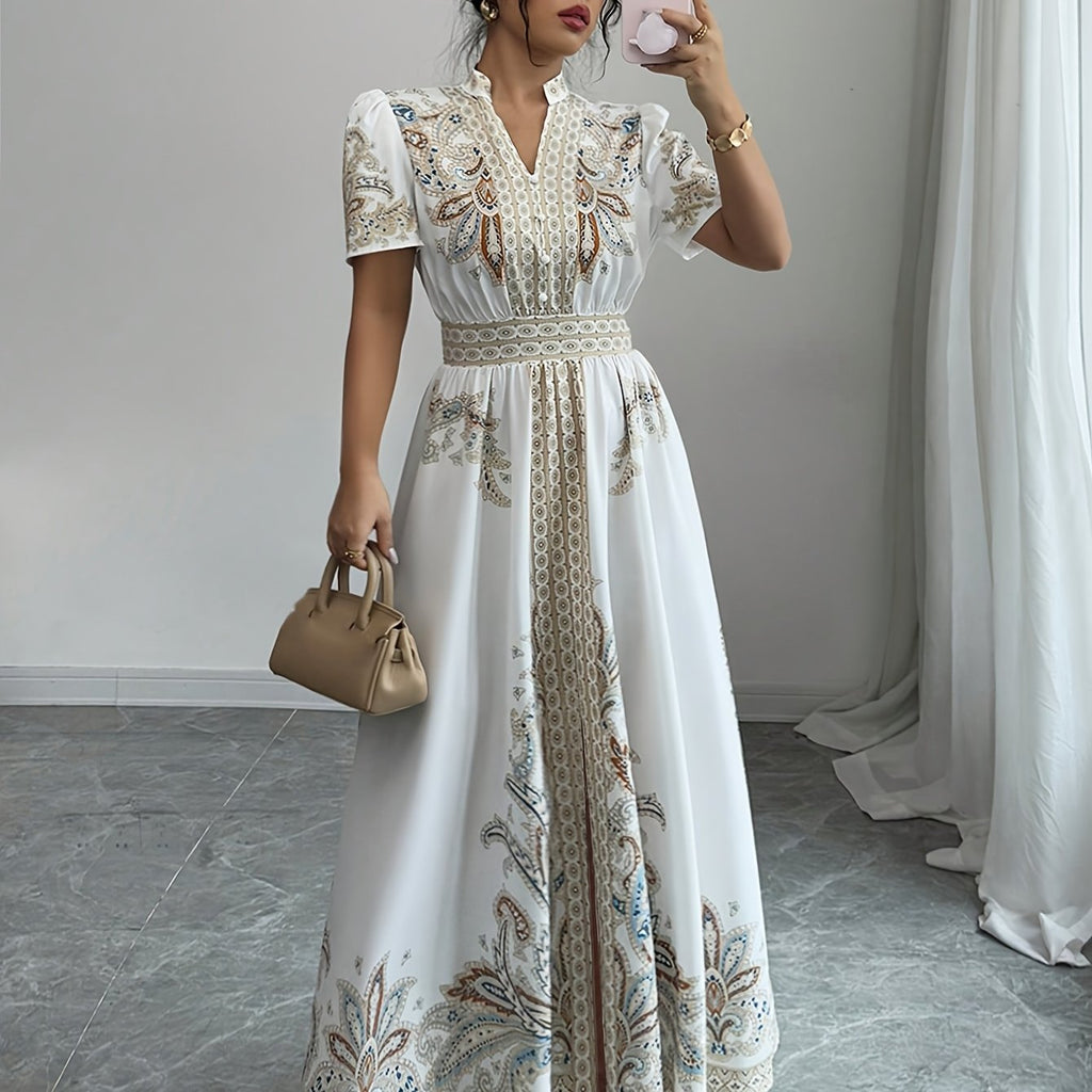 Elegant Bohemian Floral Maxi Dress with Puff Sleeves
