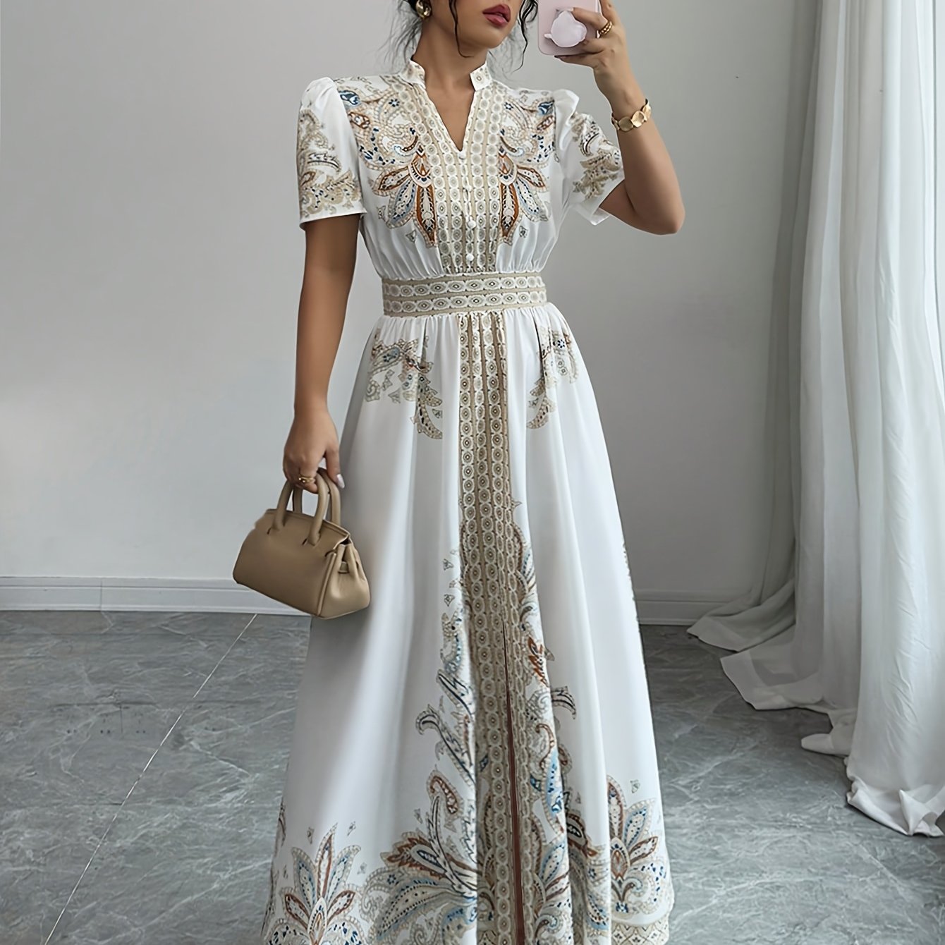 Elegant Bohemian Floral Maxi Dress with Puff Sleeves