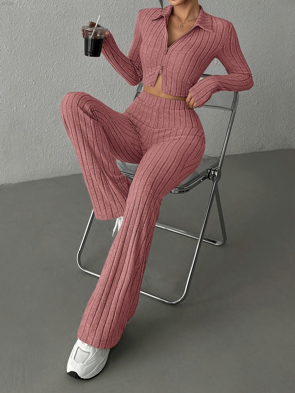 Cardigã Cropped e Calça Wide-Leg de Cintura Alta em Cores Sólidas para Primavera/Outono Casual e Estilosa