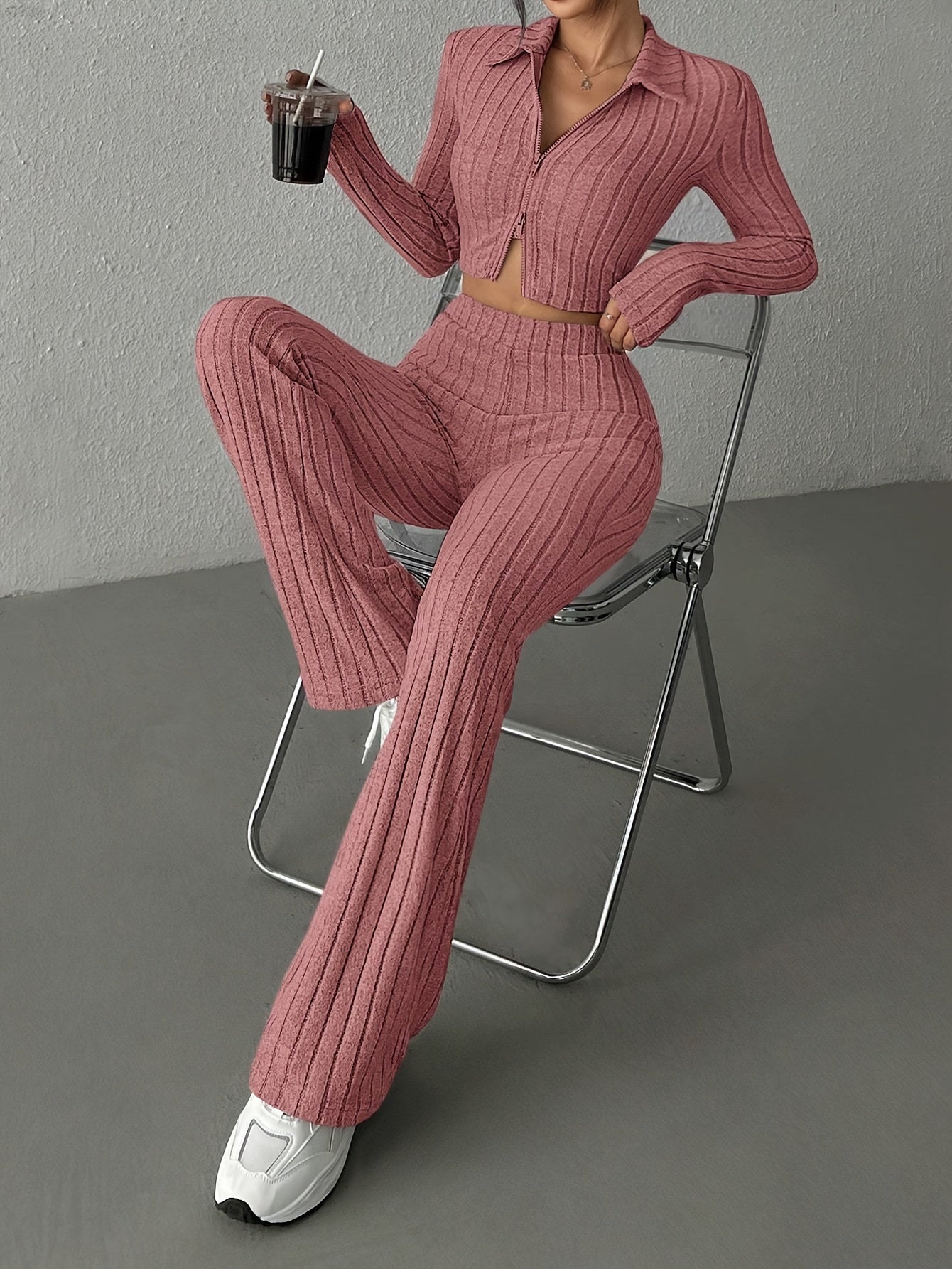 Cardigã Cropped e Calça Wide-Leg de Cintura Alta em Cores Sólidas para Primavera/Outono Casual e Estilosa