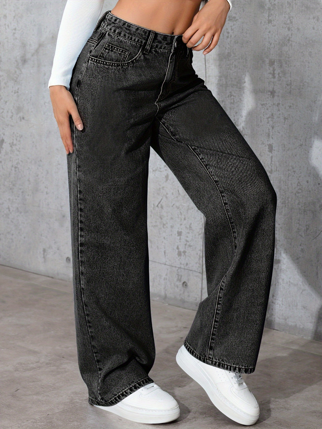 Jeans de Denim Lavados Vintage Femininos - Corte Reto Relaxado, Calças Casuais Não Elásticas com Design Clássico de Cinco Bolsos para Conforto em Todas as Estações, Vestuário Casual, Construção Durável, Roupa Confortável, Material Resistente, Calças Wideleg, Estilo Descontraído