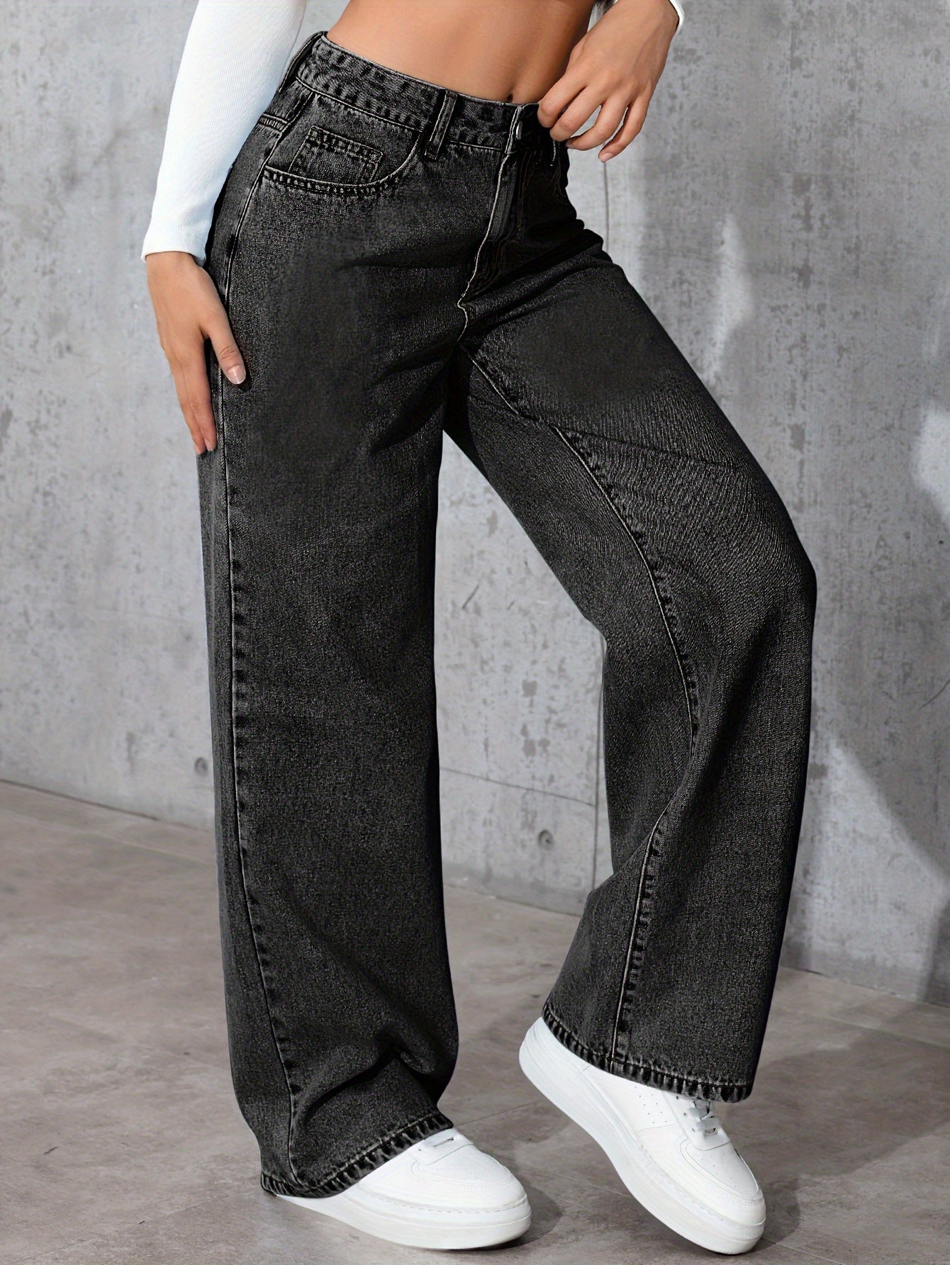 Jeans de Denim Lavados Vintage Femininos - Corte Reto Relaxado, Calças Casuais Não Elásticas com Design Clássico de Cinco Bolsos para Conforto em Todas as Estações, Vestuário Casual, Construção Durável, Roupa Confortável, Material Resistente, Calças Wideleg, Estilo Descontraído