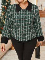 Jaqueta Xadrez Elegante Plus Size - Casaco de Inverno com Gola, Blazer Xadrez Verde/Branco/Preto/Bege, Lavável à Máquina, Roupa de Outono/Inverno para Escritório e Eventos Semi-Formais
