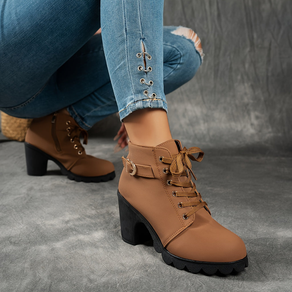 MagiMoBo Botins de Salto Médio para Mulher | Confortáveis em Sintético com Design de Fivela Decorativa, Sapatos Casuais para Todas as Estações, Salto Bloco, Fecho de Zíper