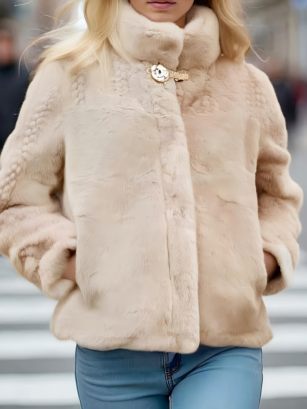 Casaco Curto de Inverno Feminino com Gola - Jaqueta Elegante e Quente, Fechamento com Botões, Lavável na Máquina, Comprimento Curto para Outono/Inverno, Design de Cor Sólida (Sem Transparência) - Ideal para Uso Diário/Casual