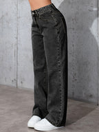 Jeans de Denim Lavados Vintage Femininos - Corte Reto Relaxado, Calças Casuais Não Elásticas com Design Clássico de Cinco Bolsos para Conforto em Todas as Estações, Vestuário Casual, Construção Durável, Roupa Confortável, Material Resistente, Calças Wideleg, Estilo Descontraído