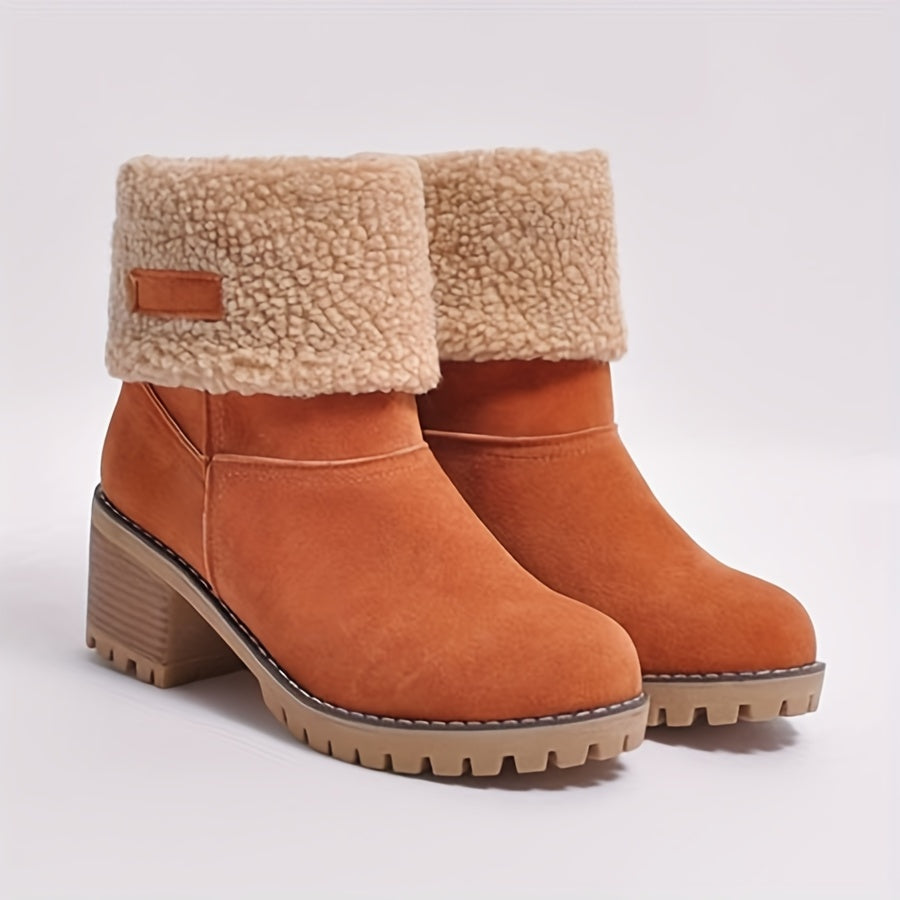 Botas de inverno para mulheres com salto grosso - Botas de cano médio com biqueira redonda e forro de lã, forro de tecido quente e sola de borracha para deslocações ao ar livre, uso casual - Tamanho grande disponível, Botas de inverno, Calçado para clima frio, Forro de interior felpudo, Calçado de tração durável, Calçado para uso diário, Forro aconchegante, Usuários de clima quente