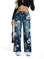 Calças de ganga de cintura alta para mulheres com estampa floral rosa vibrante - pernas retas, fecho de botão, calças longas casuais para verão e outono, calças de ganga de cintura alta, roupa casual de outono, ajuste confortável