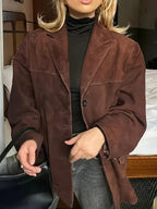 Conjunto Novo Retrô Solto com Lapela e Bolso em Cor Sólida para Mulheres Outono-Inverno