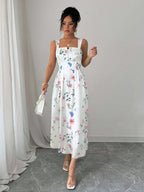 Vestido Retro Branco Floral com Alças Finas para Mulher | Cintura Afinada e Corte Justo, Maxi Elegante, Estilo de Férias de Luxo Leve, Nova Coleção de Verão, Lavável à Máquina.