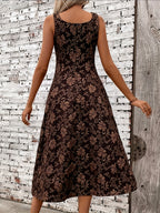 Vestido Maxi Sem Mangas Jacquard Floral Elegante para Mulheres - Decote Quadrado, Azul Claro com Padrões Florais Intricados, Perfeito para Férias de Primavera/Verão, Vestuário de Férias | Vestido com Estampa Floral | Decote Quadrado, Vestido Floral