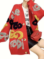 Cardigan de botão com padrão de letras, cardigan casual de manga longa para outono e inverno, roupas femininas