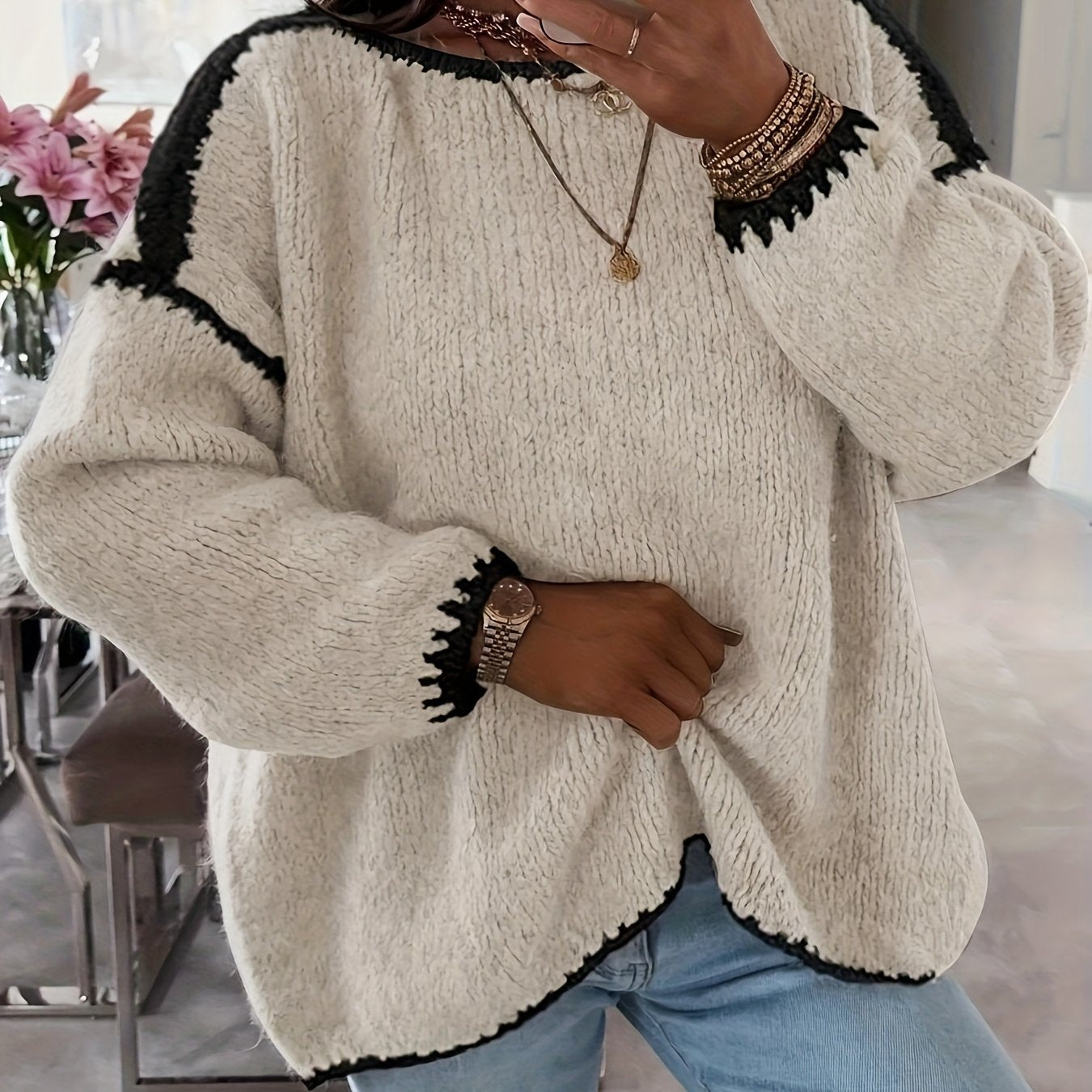 Chic Color Block Off-Shoulder Knit Sweater