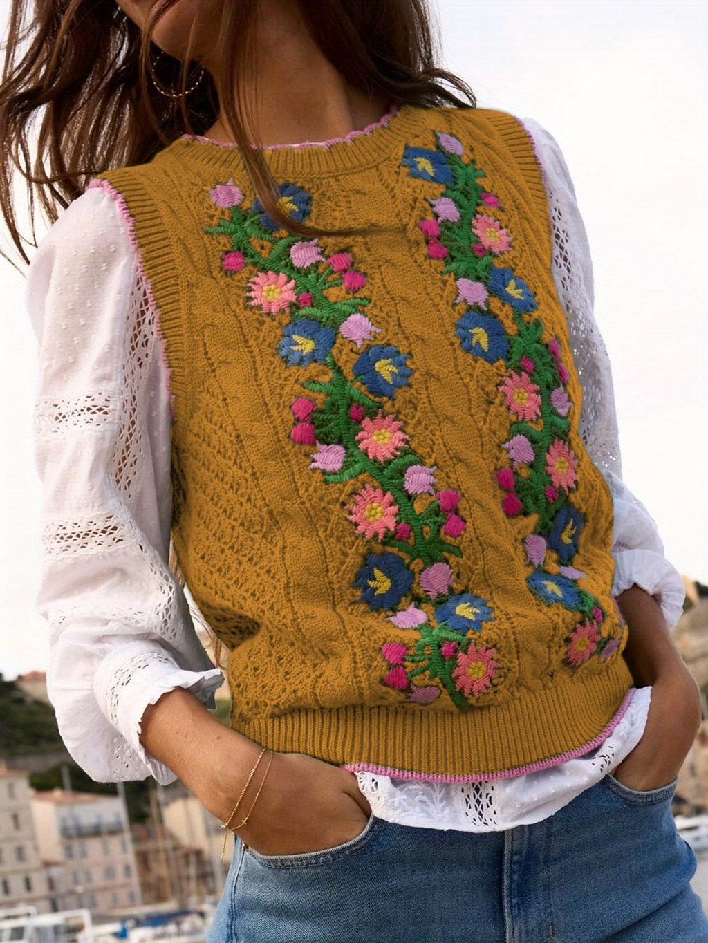 Suéter Feminino Floral - Colete de Malha Elástico, Sem Mangas para Eventos Casuais e Formais, Lavável na Máquina (Verde com Detalhes em Rosa/Azul/Roxo) - Suéter Elegante para Todas as Estações, Blusas Fofas