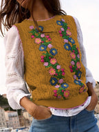 Suéter Feminino Floral - Colete de Malha Elástico, Sem Mangas para Eventos Casuais e Formais, Lavável na Máquina (Verde com Detalhes em Rosa/Azul/Roxo) - Suéter Elegante para Todas as Estações, Blusas Fofas