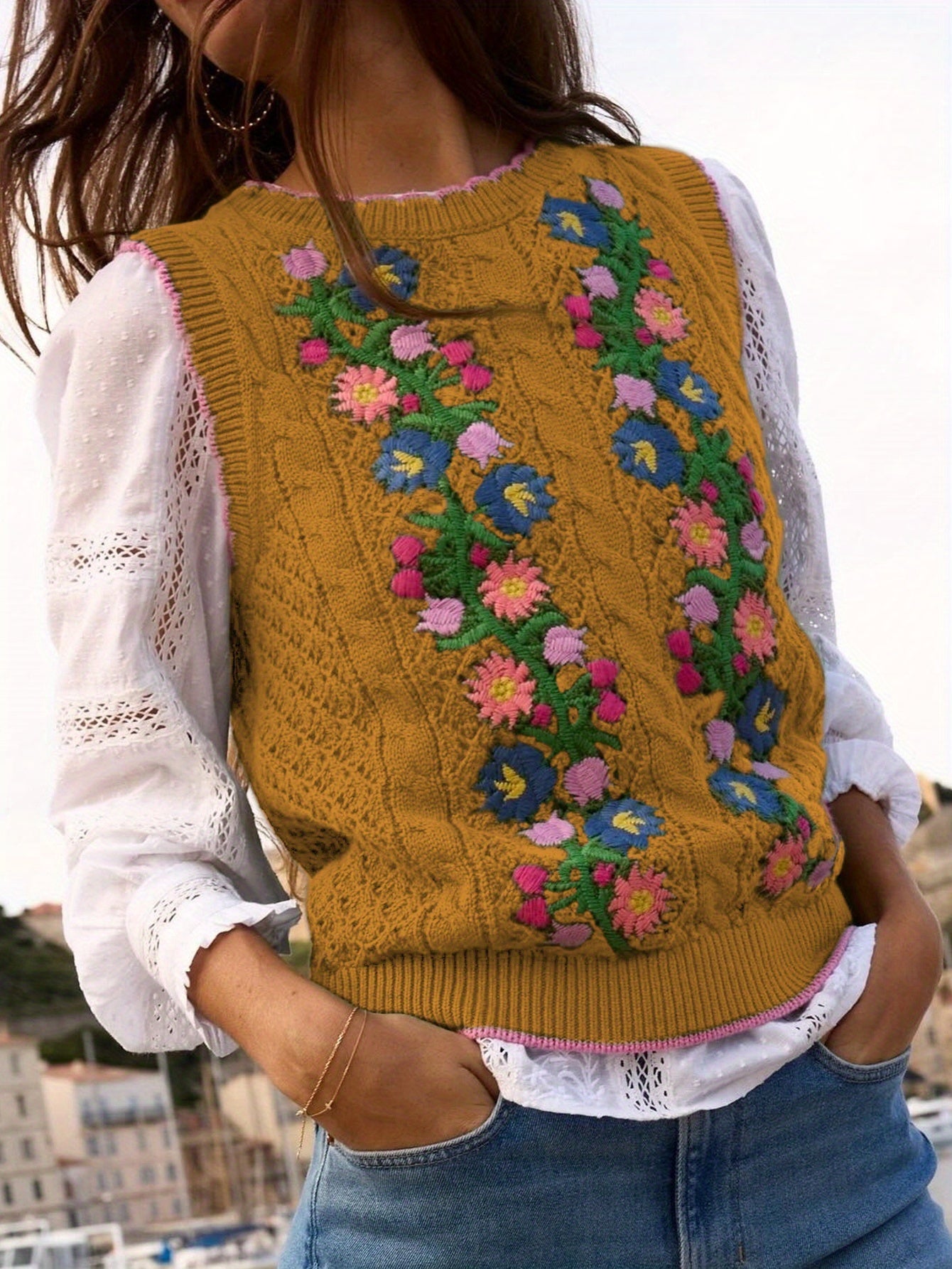 Suéter Feminino Floral - Colete de Malha Elástico, Sem Mangas para Eventos Casuais e Formais, Lavável na Máquina (Verde com Detalhes em Rosa/Azul/Roxo) - Suéter Elegante para Todas as Estações, Blusas Fofas