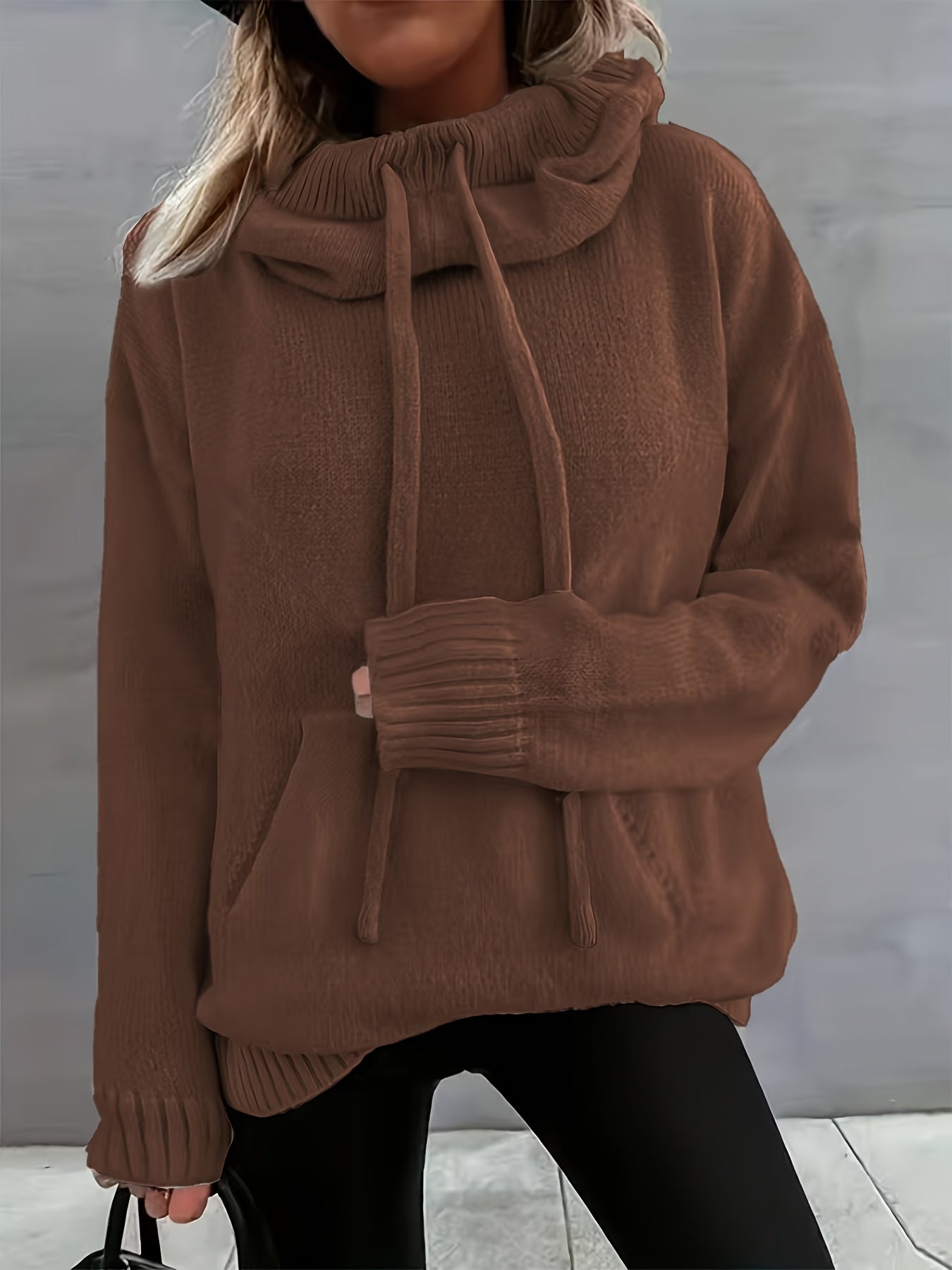 2025 Nova Outono E Inverno Mulher Casual Versátil Cor Sólida Com Cordão Bolsa Capuz Pulôver