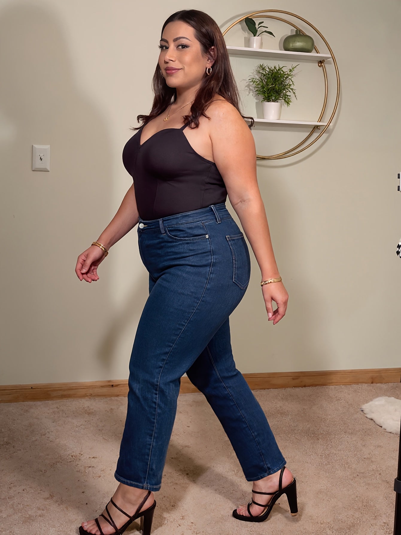 Jeans de Cintura Subida Elásticos de Perna Reta Plus Size para Mulher | Ganga Azul Confortável e Casual para Usar em Todas as Estações