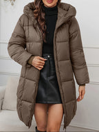 Casaco de Inverno Comprido Elegante com Capuz para Mulher - Casaco Leve com Fecho Completo e Bolsos, Roupa Exterior Quente de Comprimento Médio para Clima Frio, Cor Sólida, Corte Normal, Sem Cinto, Mangas Compridas, Casacos de Inverno