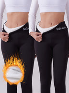 Conjunto de 2 leggings de cintura alta para mulher de tamanho grande, calças térmicas forradas com lã bordada, meias elásticas quentes de inverno, 88% poliéster 12% elastano, tecido de malha, cor sólida para todas as estações