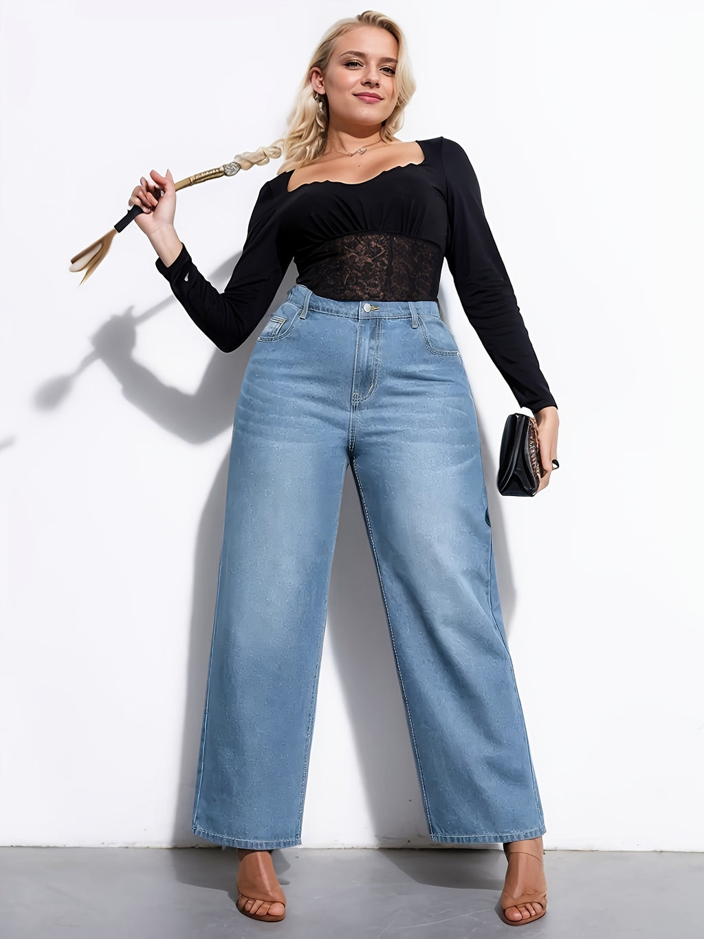 Calças Jeans Plus Size de Cintura Alta e Perna Larga - Azul Claro, Denim Vintage Lavado Ajustado com Elástico, Calça Longa Reta Solta com Alças para Cinto e Lavável na Máquina para Looks Casuais e do Dia a Dia