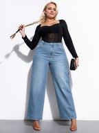 Calças Jeans Plus Size de Cintura Alta e Perna Larga - Azul Claro, Denim Vintage Lavado Ajustado com Elástico, Calça Longa Reta Solta com Alças para Cinto e Lavável na Máquina para Looks Casuais e do Dia a Dia
