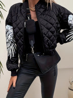 Jaqueta de Inverno Preta Acolchoada e Estilosa com Detalhes em Lantejoulas nas Mangas, Gola Alta e Zíper Frontal - Casaco Casual de Poliéster para Outono e Inverno, Roupas de Inverno