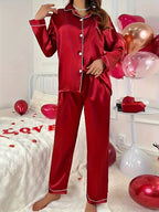 Conjunto Simples De Lounge Em Cetim Sólido, Top Com Botões De Manga Comprida E Lapela & Calças Elásticas, Loungewear Para Mulheres