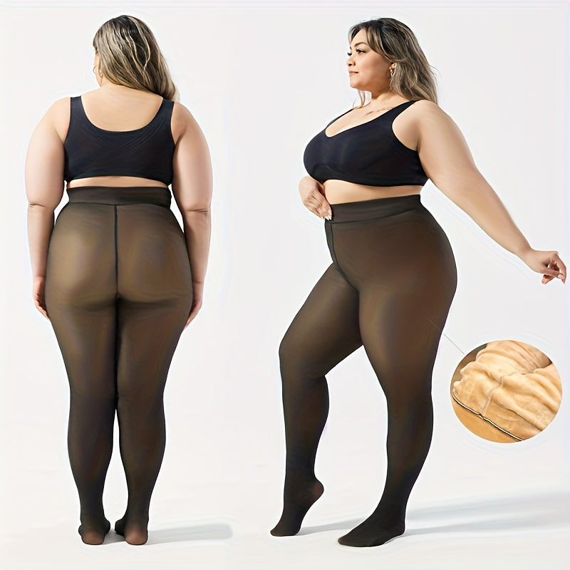 1pc Collants de Inverno Quentes para Mulher Plus Size com Forro de Lã Grossa - Meias de Calças de 220G com Costura Frontal e Traseira, Cor Sólida, 0XL-3XL, Lavar à Mão Apenas, Confortáveis e Elegantes para Roupa Casual, Leggings de Inverno, Design Sem Costuras, Textura Suave