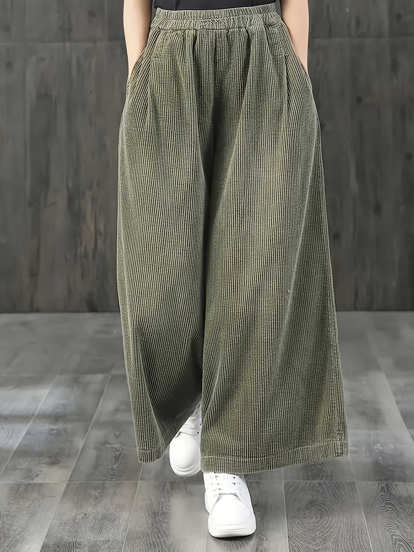 Calças de Bombazine de Perna Larga para Mulher - Calças Casuais de Cintura Elástica com Bolsos, Calças Compridas de Corte Solto para Looks Diários e Formais - Calças Confortáveis para Mulher em Todas as Estações