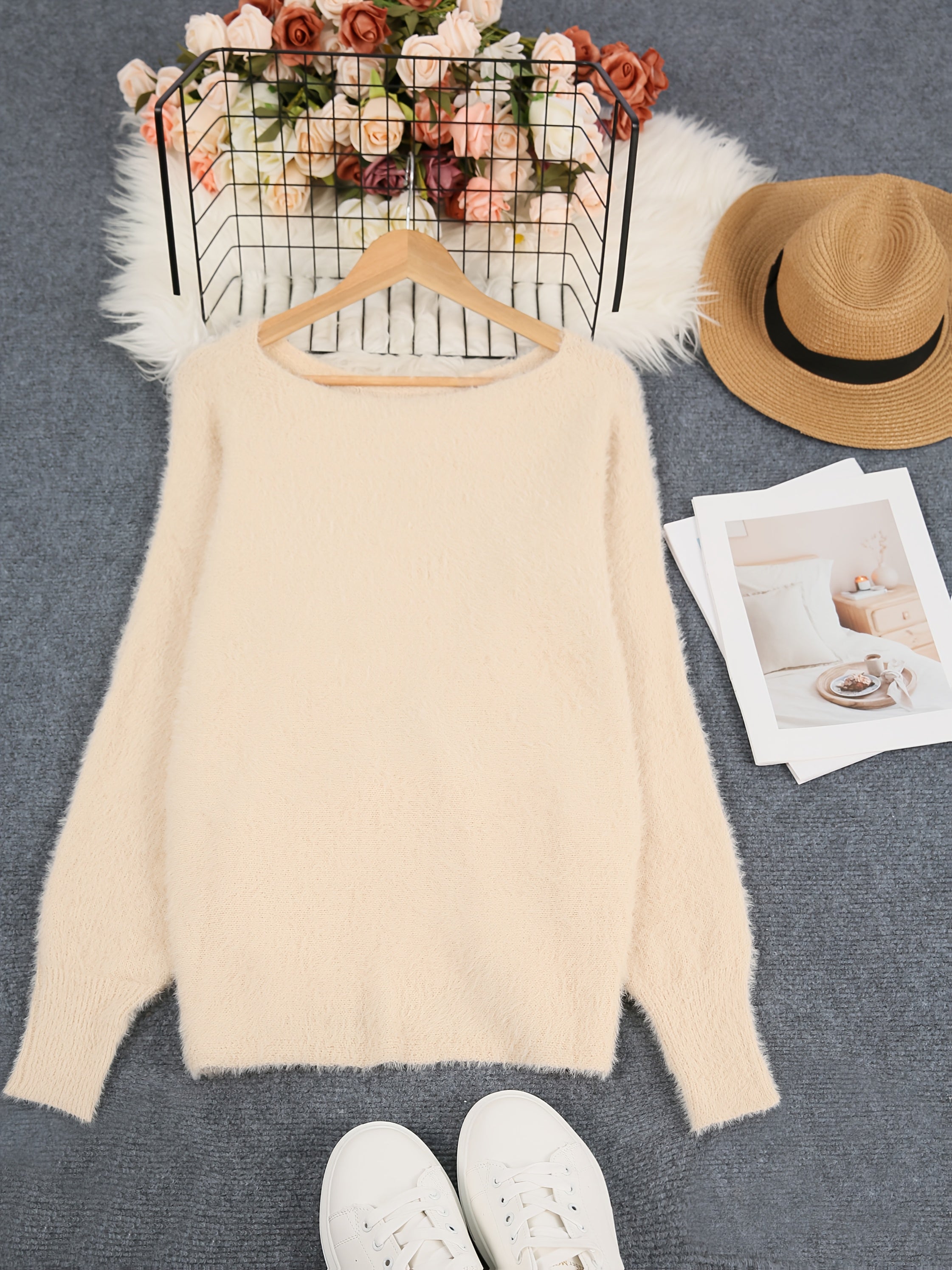 Suéter preto de tamanho grande para mulher - Pulôver aconchegante com mangas compridas, estilo elegante para o inverno, uso casual, suéter de inverno|Estilo casual|Tecido elástico