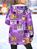 Jaqueta Casual com Capuz para Mulheres Adultas, Estampa Pop Graffiti e Forro, Outono/Inverno