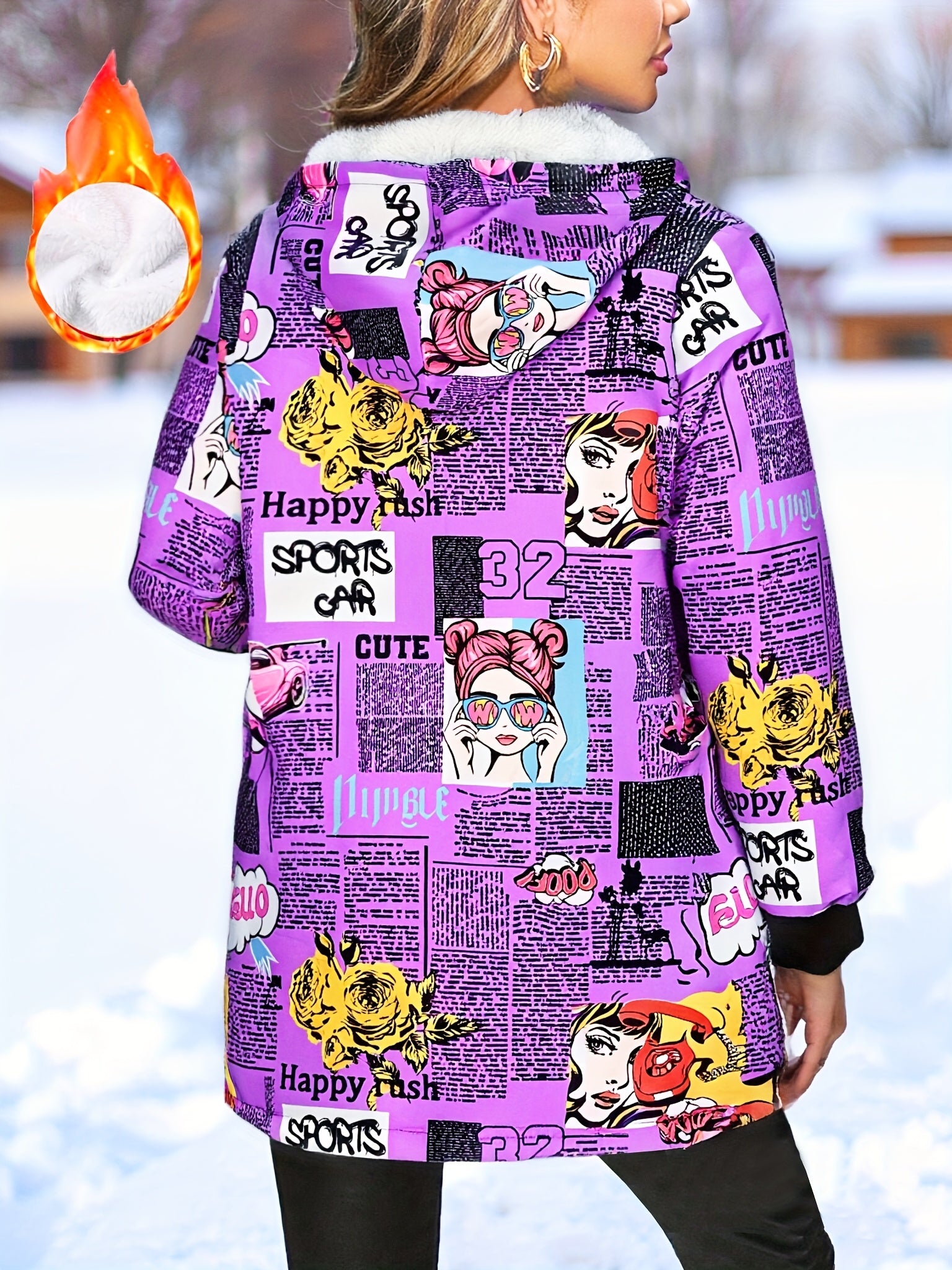 Jaqueta Casual com Capuz para Mulheres Adultas, Estampa Pop Graffiti e Forro, Outono/Inverno