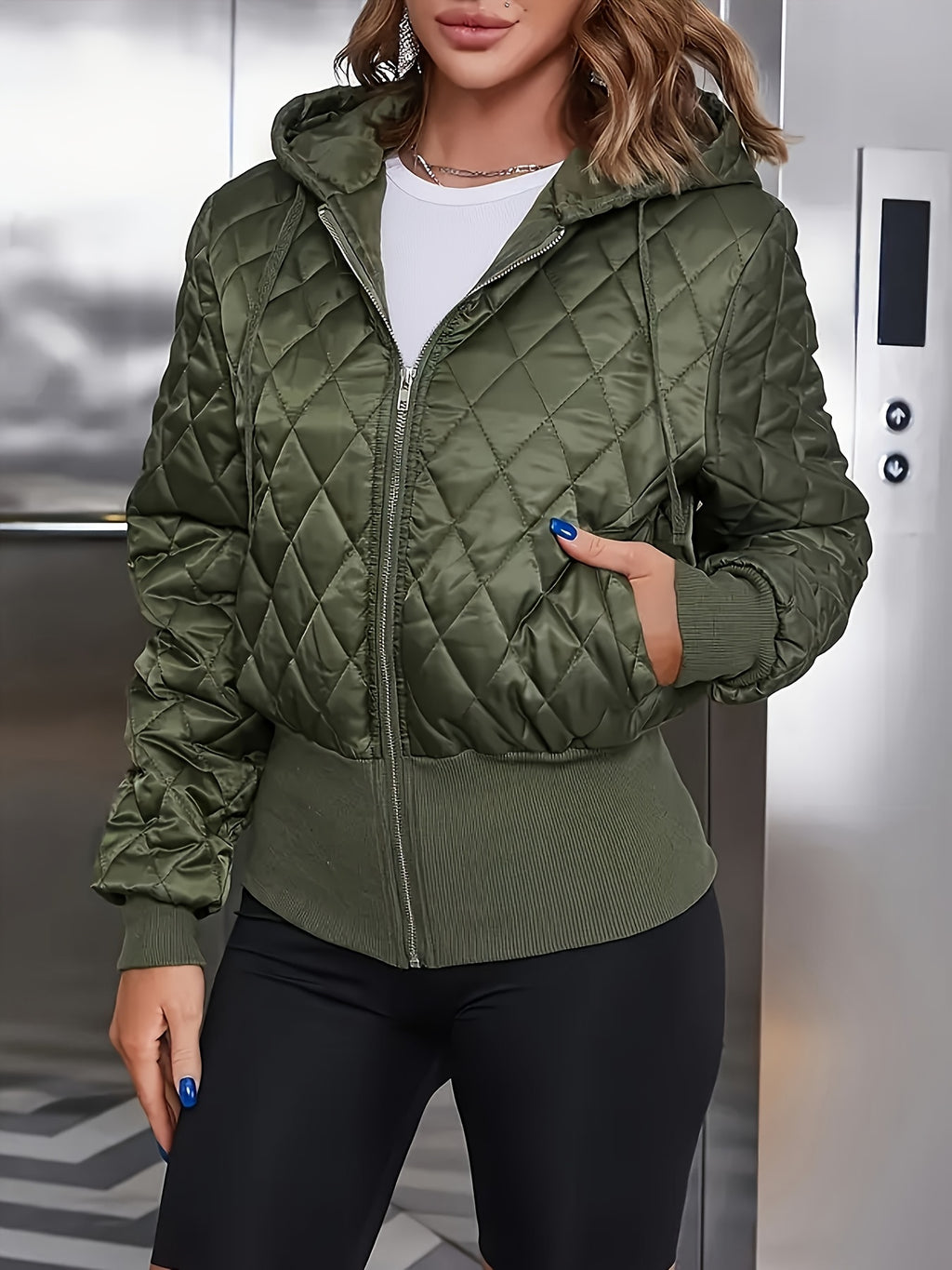 Casaco Acolchoado Casual com Capuz, Zíper e Cordão em Verde Militar