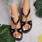 Sandálias rasas decoradas com strass para mulheres, sapatos de verão de bico aberto na moda, sandálias leves com tira no tornozelo