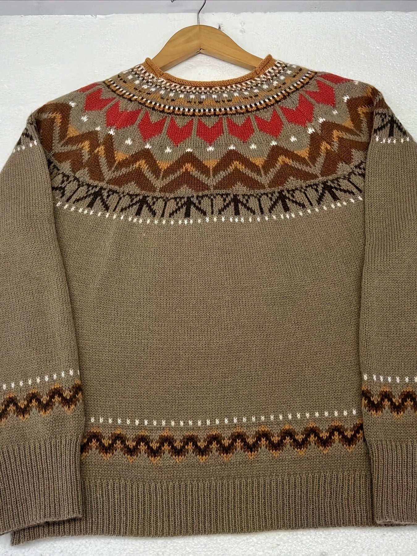 Camisola elegante de gola redonda para mulheres, em tecido de malha de poliéster 100%, com design de bloco de cores em patchwork para outono/inverno, peso de 350g/m², estilo casual para férias.