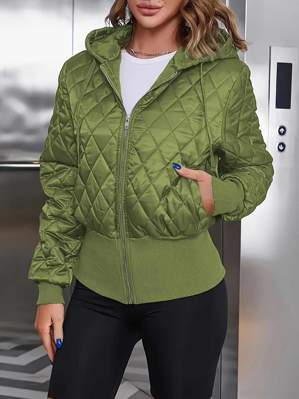 Casaco Acolchoado Casual com Capuz, Zíper e Cordão em Verde Militar