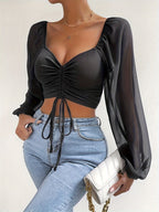 Top Curto Com Cordão E Decote Em Coração, Blusa Casual Ilusão Com Manga Lanterna Para Primavera E Outono, Roupas Femininas